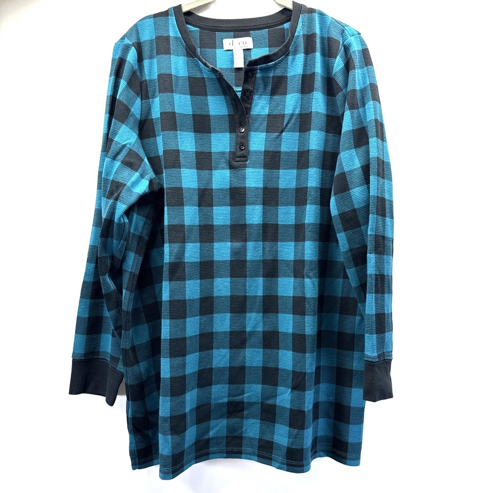 Denim & Co Womens 1X Plus Blue Check Waffle Knit Henley Long Sleeve Top A10847